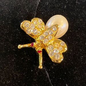 Vintage Insect bug lapel pin with rhinestones & faux pearl